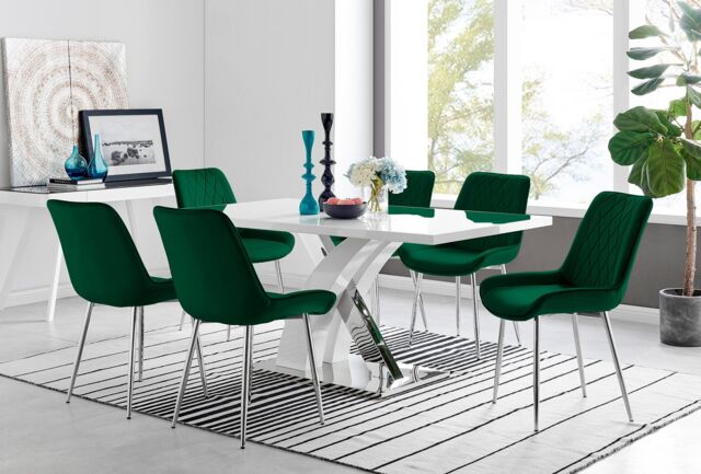 FurnitureboxUK Atlanta 6 White Dining Table & 6 Pesaro Silver Leg Chairs in Green - image 1