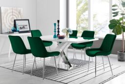 FurnitureboxUK Atlanta 6 White Dining Table & 6 Pesaro Silver Leg Chairs in Green