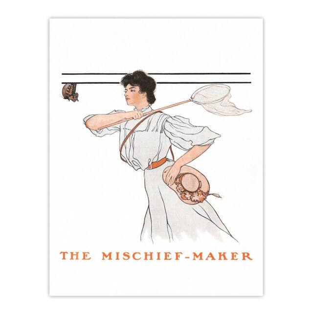 "Artery8 Mischief Woman With Butterfly Net Vintage Wall Art Print Penfield in White - Size: W18"" x H24""" - image 1