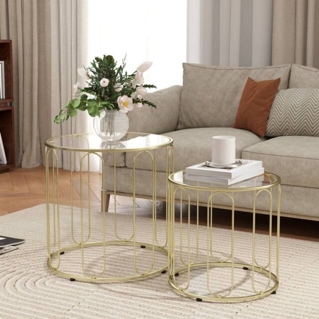STILVORA Set of 2 Nesting Coffee Tables with Glass Tops in Gold - image 1