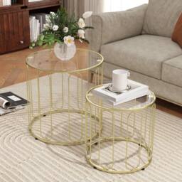 STILVORA Set of 2 Nesting Coffee Tables with Glass Tops in Gold - thumbnail 5