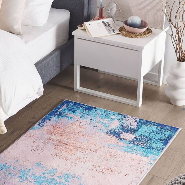 Wyld and Coco Blue Distressed Ombre Area Rug Polyester Rubber Coated Anti Slip - Size: 80 cm x 150 cm - image 1