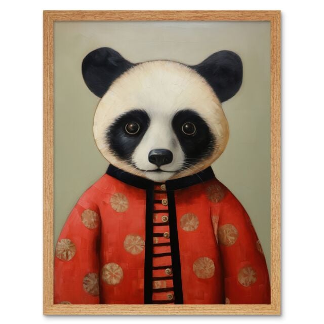 "Artery8 Wall Art Print Panda Cub in Chinese Uniform Fun Kids Bedroom Artwork Art Framed in Light Oak - Size: W12"" x H16""" - image 1
