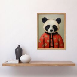 "Artery8 Wall Art Print Panda Cub in Chinese Uniform Fun Kids Bedroom Artwork Art Framed in Light Oak - Size: W12"" x H16""" - thumbnail 2