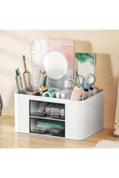 Living and Home Plastic Desktop Multi-Compartment Storage Organiser Box with Drawers in White - thumbnail 2