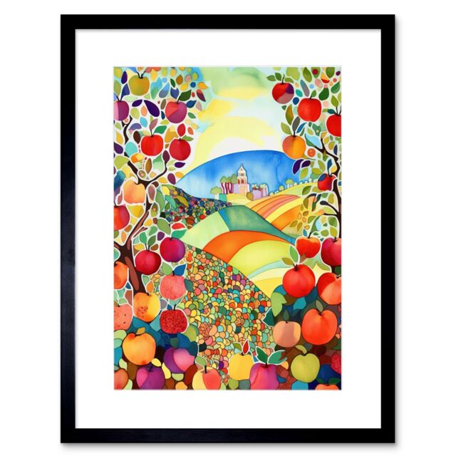 "Artery8 Wall Art Print Apple Tree Orchard Fields In Summer Folk Art Landscape Watercolour Painting Artwork Framed 9X7 Inch in Black - Size: W7"" x H9""" - image 1