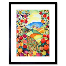 "Artery8 Wall Art Print Apple Tree Orchard Fields In Summer Folk Art Landscape Watercolour Painting Artwork Framed 9X7 Inch in Black - Size: W7"" x H9""" - thumbnail 1
