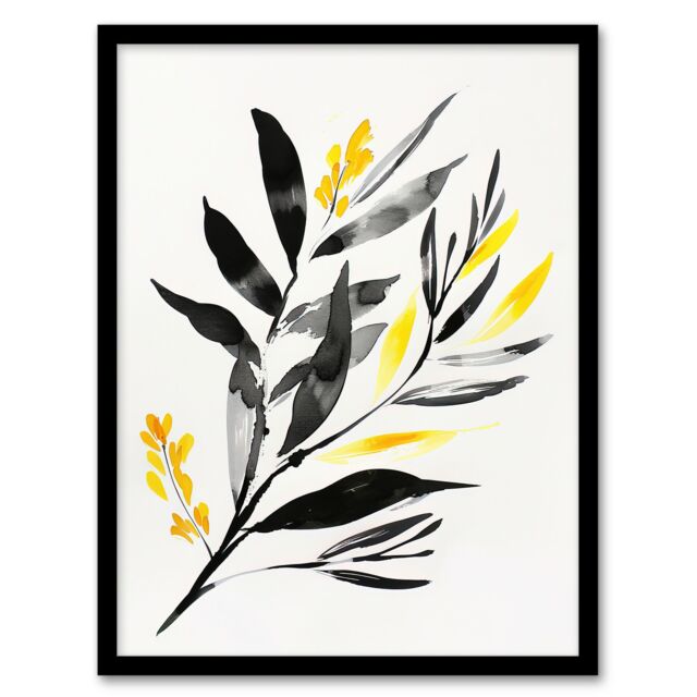 Artery8 Abstract Plant Lover Frond Black Yellow Botanical Framed Wall Art - Size: A4 - image 1