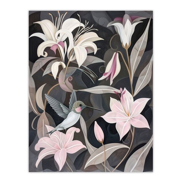 "Artery8 Lily Flowers & Hummingbird Stylised Painting Wall Art Print in Grey - Size: W12"" x H16""" - image 1