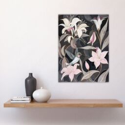 "Artery8 Lily Flowers & Hummingbird Stylised Painting Wall Art Print in Grey - Size: W12"" x H16""" - thumbnail 4