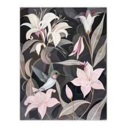 "Artery8 Lily Flowers & Hummingbird Stylised Painting Wall Art Print in Grey - Size: W12"" x H16""" - thumbnail 1