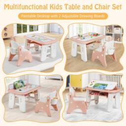 Costway Kids Drawing Table & Chair Set w/Flip-Top Tabletop Bookshelf in Pink - thumbnail 1