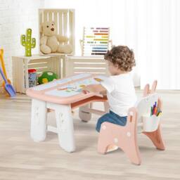 Costway Kids Drawing Table & Chair Set w/Flip-Top Tabletop Bookshelf in Pink - thumbnail 9