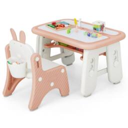 Costway Kids Drawing Table & Chair Set w/Flip-Top Tabletop Bookshelf in Pink - thumbnail 2