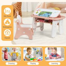 Costway Kids Drawing Table & Chair Set w/Flip-Top Tabletop Bookshelf in Pink - thumbnail 8