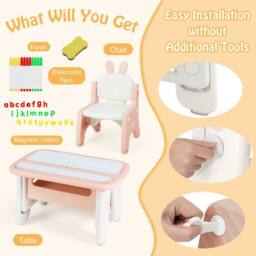 Costway Kids Drawing Table & Chair Set w/Flip-Top Tabletop Bookshelf in Pink - thumbnail 7