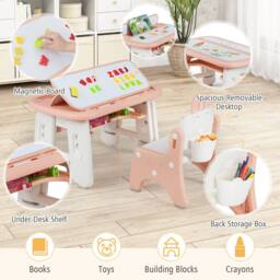 Costway Kids Drawing Table & Chair Set w/Flip-Top Tabletop Bookshelf in Pink - thumbnail 4