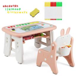 Costway Kids Drawing Table & Chair Set w/Flip-Top Tabletop Bookshelf in Pink - thumbnail 3