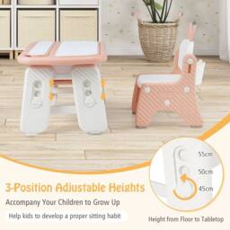 Costway Kids Drawing Table & Chair Set w/Flip-Top Tabletop Bookshelf in Pink - thumbnail 5