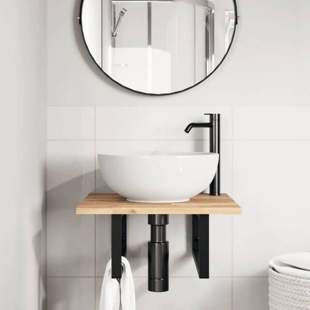 Berkfield Home Elegant Basin Shelf Wall Mounted Steel & Solid Wood Acacia in Brown - image 1