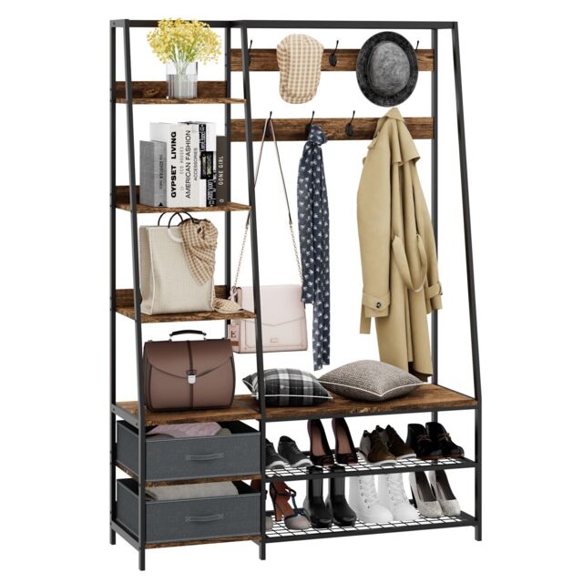 Costway Industrial Coat Rack Metal Garment Clothes Rails Storage Organizer 2 Drawers in Brown - image 1