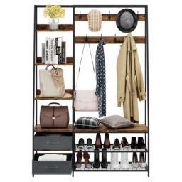 Costway Industrial Coat Rack Metal Garment Clothes Rails Storage Organizer 2 Drawers in Brown - thumbnail 5