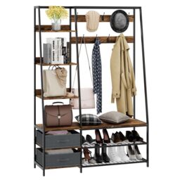 Costway Industrial Coat Rack Metal Garment Clothes Rails Storage Organizer 2 Drawers in Brown