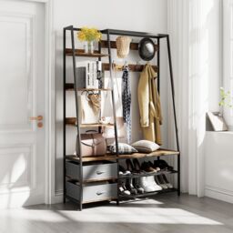 Costway Industrial Coat Rack Metal Garment Clothes Rails Storage Organizer 2 Drawers in Brown - thumbnail 3