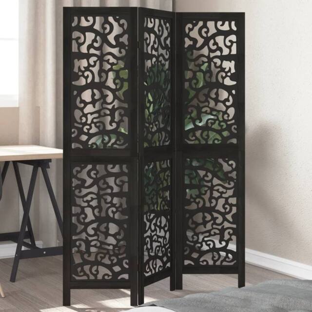 Berkfield Home Room Divider 3 Panels Black Solid Wood Paulownia - image 1
