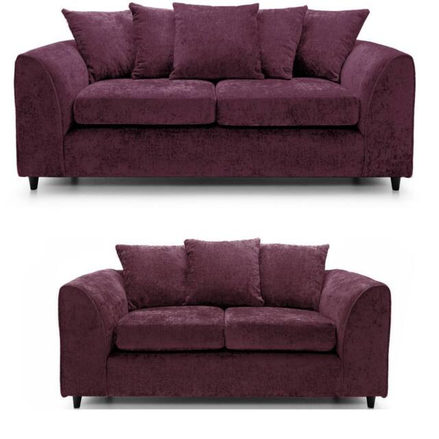 Furnishings For Less UK Monaco Chenille Fabric Sofa Set 3 & 2 Seater Sofa Scatter Back Curved Arm in Purple - image 1