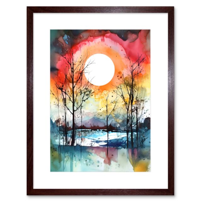"Artery8 Wall Art Print Abstract Sunset Landscape Watercolour Painting Countryside Lake Autumn Trees Artwork Framed 9X7 Inch in Brown - Size: W7"" x H9""" - image 1