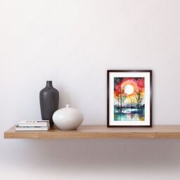 "Artery8 Wall Art Print Abstract Sunset Landscape Watercolour Painting Countryside Lake Autumn Trees Artwork Framed 9X7 Inch in Brown - Size: W7"" x H9""" - thumbnail 2