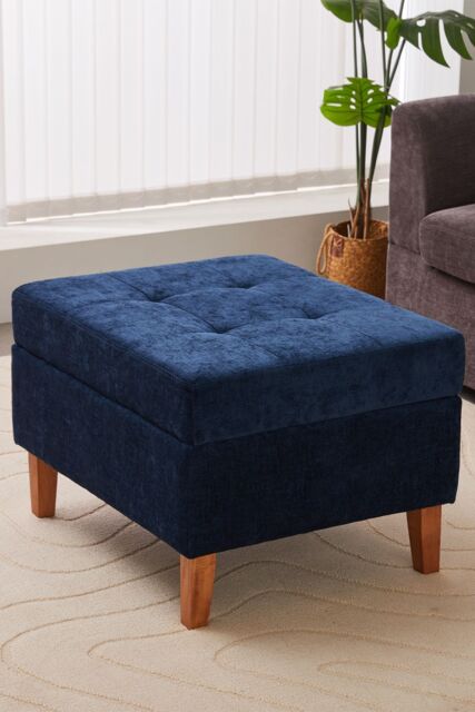 Living and Home Chenille Storage Bench with Rubberwood Legs in Blue - image 1