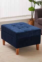 Living and Home Chenille Storage Bench with Rubberwood Legs in Blue