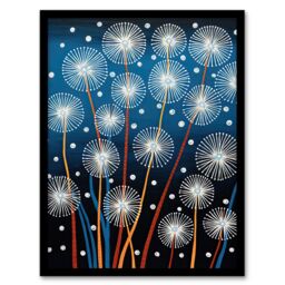 Artery8 Wall Art Print Dandelion Seeds Fireworks Folk Art Painting Blue Framed - Size: A4 - thumbnail 1