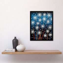 Artery8 Wall Art Print Dandelion Seeds Fireworks Folk Art Painting Blue Framed - Size: A4 - thumbnail 4