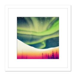 Artery8 Vibrant Aurora Borealis Green Northern Lights Night Sky Landscape Watercolour Painting Square Wooden Framed Wall Art Print Picture 8X8 Inch - thumbnail 1