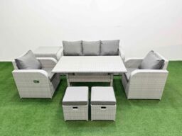 Fimous PE Rattan Garden Furniture Set Reclining Chair Sofa Lounge Sofa Set Rectangular Dining Table Side Table 2 Small Stools Light Grey - thumbnail 1
