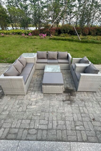 Fimous 9 Seater Rattan Sofa Set Chairs 2 Coffee Table Footstool Outdoor Garden Furniture in Light Grey - image 1