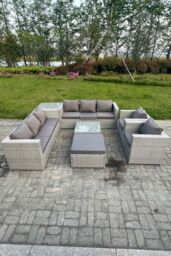 Fimous 9 Seater Rattan Sofa Set Chairs 2 Coffee Table Footstool Outdoor Garden Furniture in Light Grey - thumbnail 2