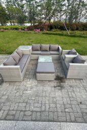 Fimous 9 Seater Rattan Sofa Set Chairs 2 Coffee Table Footstool Outdoor Garden Furniture in Light Grey - thumbnail 1
