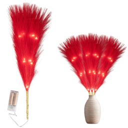 Shatchi 45cm Prelit Pampas Grass Warm White LEDs Battery-Operated Christmas Artificial Flowers for Boho Room Decorations in Red - thumbnail 1