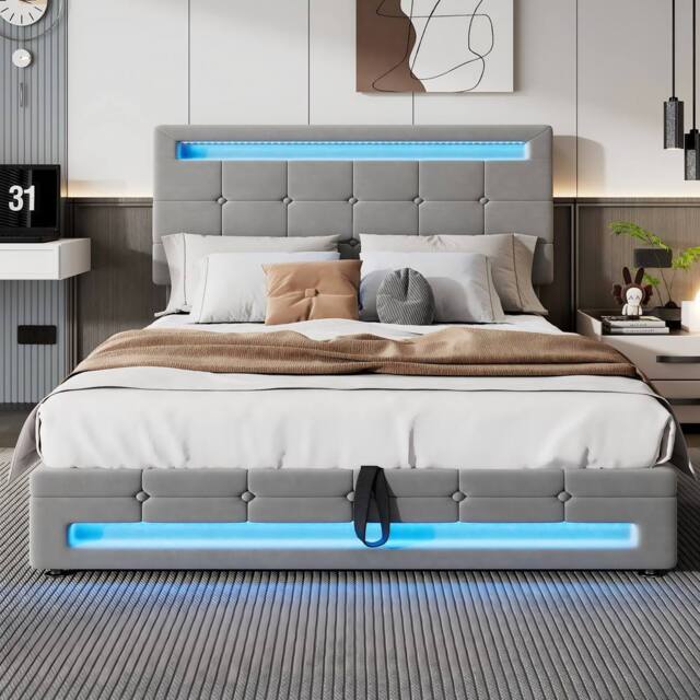Merax 4ft6 Double Velvet Ottoman Storage Bed with Lights & Tufted Headboard in Grey - image 1