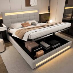 Merax 4ft6 Double Velvet Ottoman Storage Bed with Lights & Tufted Headboard in Grey - thumbnail 2