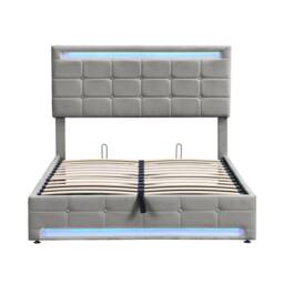 Merax 4ft6 Double Velvet Ottoman Storage Bed with Lights & Tufted Headboard in Grey - thumbnail 5