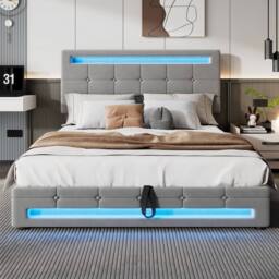 Merax 4ft6 Double Velvet Ottoman Storage Bed with Lights & Tufted Headboard in Grey