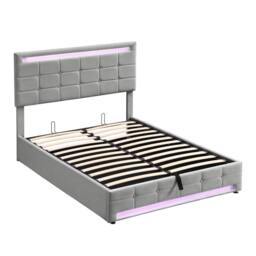 Merax 4ft6 Double Velvet Ottoman Storage Bed with Lights & Tufted Headboard in Grey - thumbnail 7