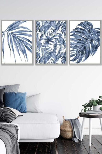 ARTZE Set of 3 Light Grey Framed Tropical Plants & Pattern Navy Blue Abstract Wall Art - Size: W33 cm x H45 cm x D20mm - image 1