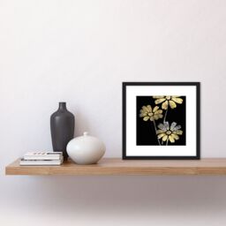 Artery8 Gold Silver Leaf Style Flowers Floral Metallic Effect Foil Style Black Painting Square Wooden Framed Wall Art Print Picture 8X8 Inch - thumbnail 2
