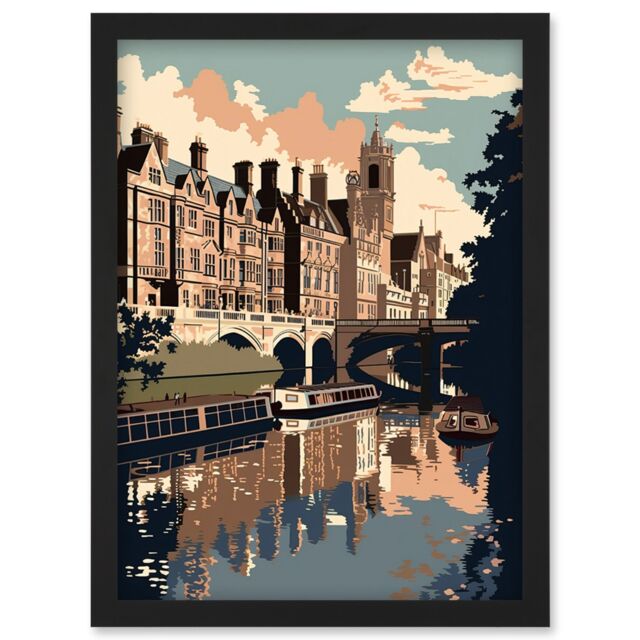 Artery8 River Cam & University of Cambridge Buildings Artwork Framed Wall Art Print A4 in Black - image 1